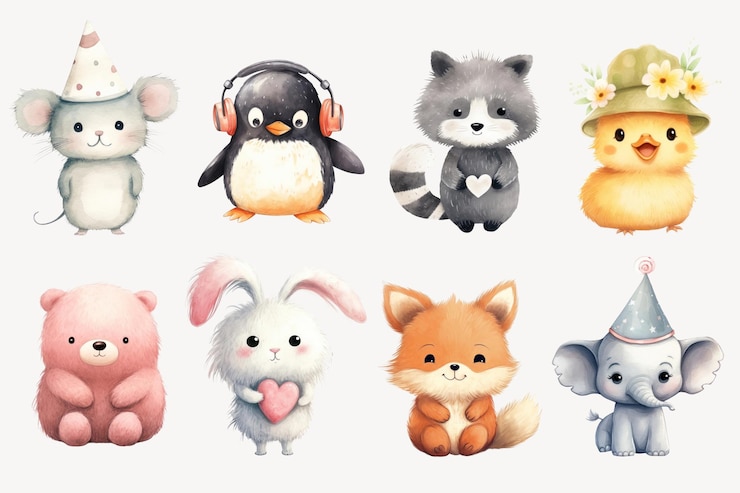 Foto conjunto de elementos de ilustração de personagens de animais bonitos