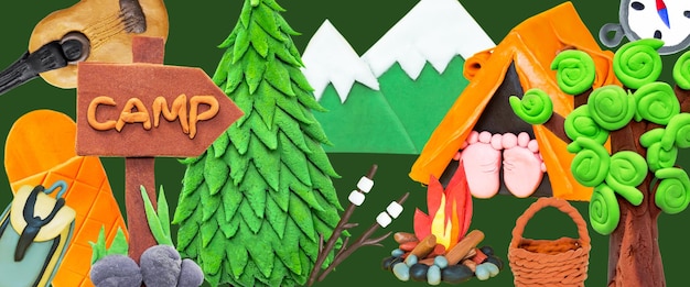 Conjunto de elementos de plasticina de ecoturismo para camping tenda mochila fogueira guitarra árvores O conceito de turismo ecológico de verão Fundo para design de ecoturismo