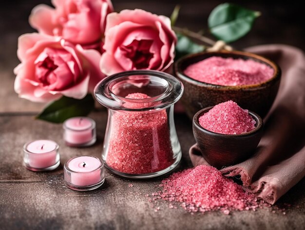 Conjunto de elementos de tratamento de spa em madeira branca Peonies sal de ervas rosa toalha brancaGenerative Ai