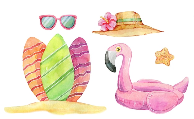 Conjunto de elementos desenhados à mão sobre o verão do mar e as férias Palmeira do flamingo do sol e baú do tesouro
