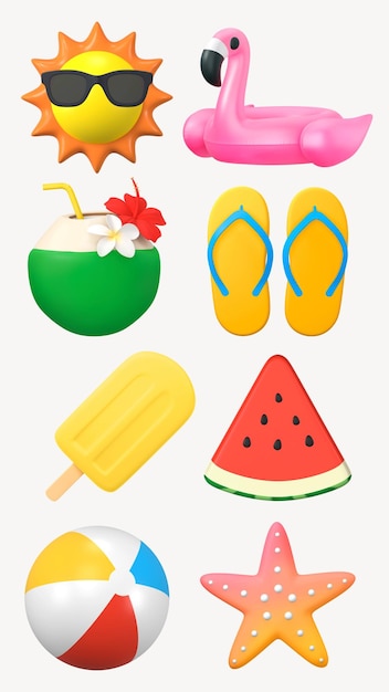 Conjunto de elementos essenciais coloridos de verão