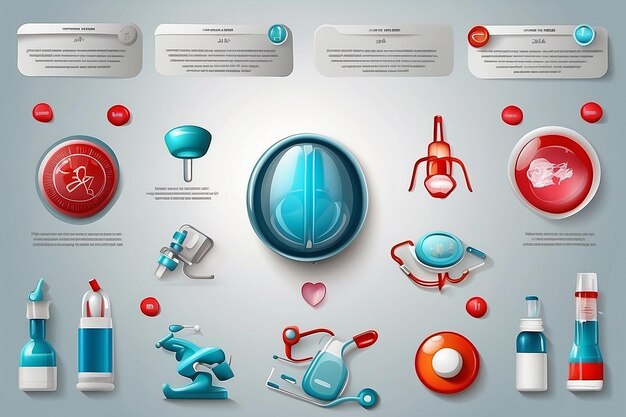 Foto conjunto de elementos infográficos 3d brilhantes de objetos médicos para a saúde