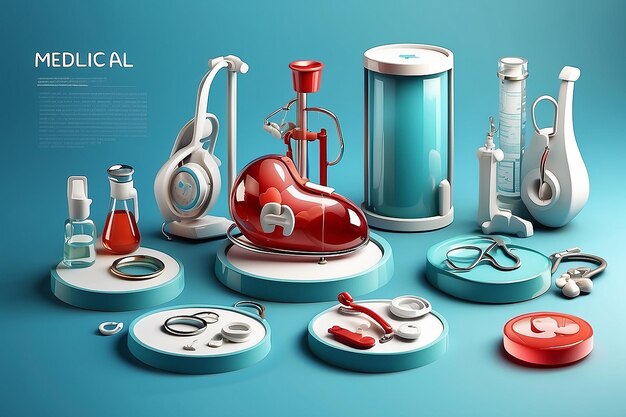 Foto conjunto de elementos infográficos 3d brilhantes de objetos médicos para a saúde