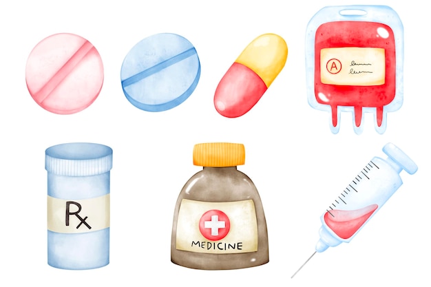Conjunto de elementos médicos incluem piils remédio saco de sangue seringa aquarela desenho à mão