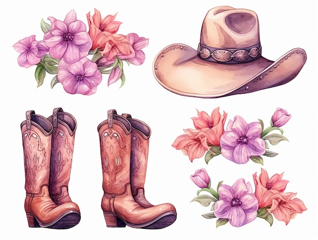 Foto conjunto de elementos ocidentais aquarelados isolados em fundo branco chapéu de cowboy bota wicket rodeo oeste selvagem cor pastel