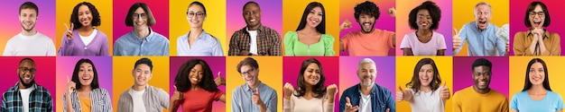 Foto conjunto de emoções felizes de retratos alegres de pessoas multiétnicas sobre fundos gradientes brilhantes