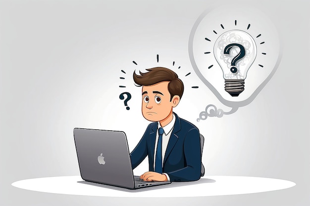 Conjunto de empresário em um computador portátil com um ponto de interrogação com uma ideia bulbgetting nervoso em apuros em fundo branco