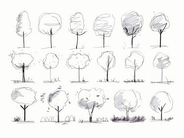 Foto conjunto de esboços de silhuetas de árvores minimalistas para arquitetura e design de paisagem ia generativa