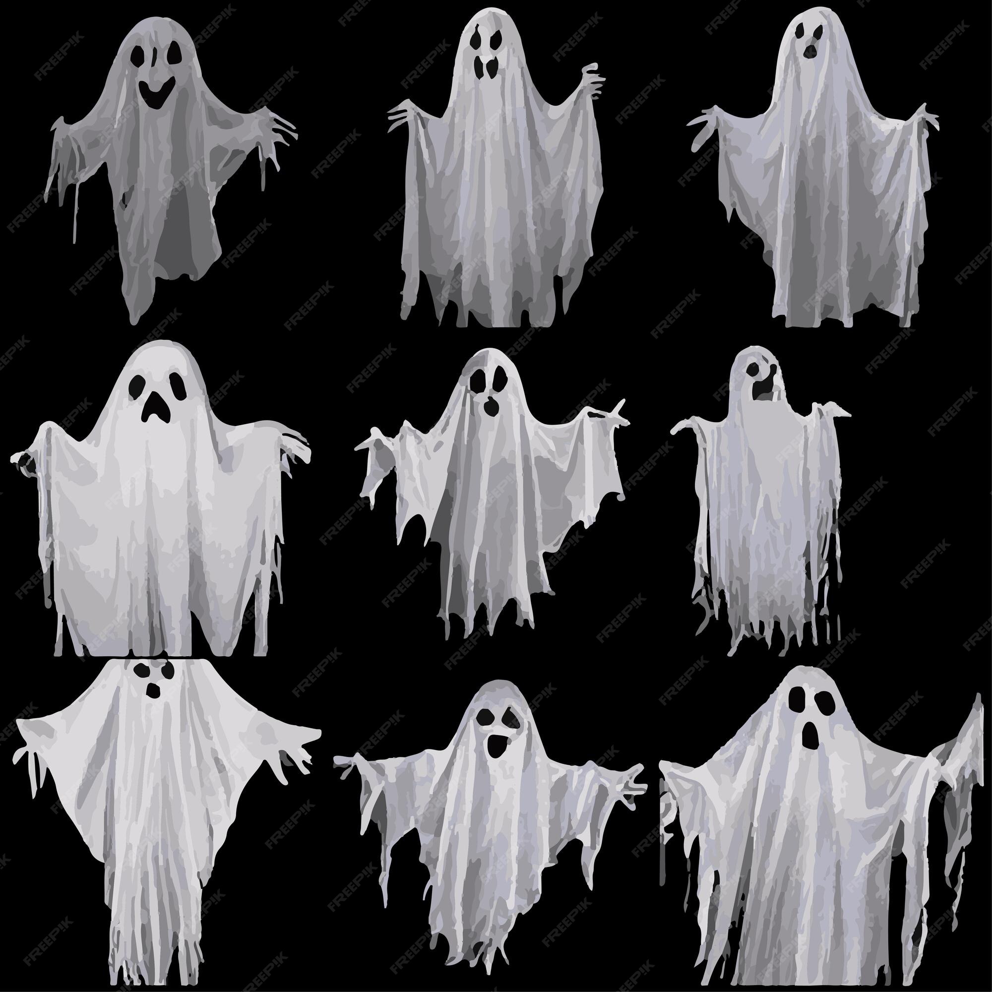 Fundo assustador de halloween com fantasmas voadores no banner de fantasmas  assustadores de fundo preto vetor conjunto fantasma realista