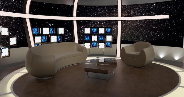 Conjunto de estúdio de TV virtual Renderização 3d de fundo de tela verde Estúdio de conjunto virtual para imagens de croma