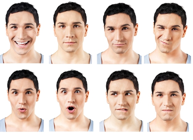 Conjunto de expressões faciais de homem bonito