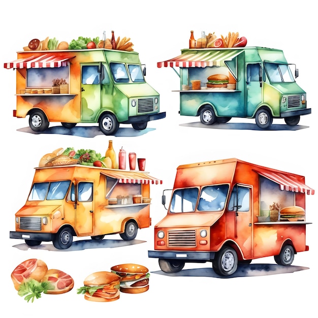 Conjunto de fast food em rodas ilustração isolada pintada à mão em aquarela em fundo branco