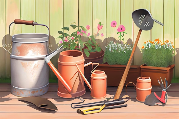 Conjunto de ferramentas de jardinagem para jardineiro e vasos de flores em Sunny Garden Generative Ai