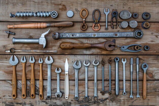 Conjunto de ferramentas manuais sobre um fundo de tábuas de madeira Conjunto De ferramentas manuais em um fundo de tábua de madeira