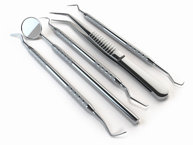 Conjunto de ferramentas odontológicas para atendimento odontológico de dentes isolado no conceito de estomatologia branco