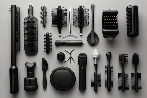 Conjunto de ferramentas profissionais de cabeleireiro em mesa de madeira de fundo cinza na barbearia Generative AI