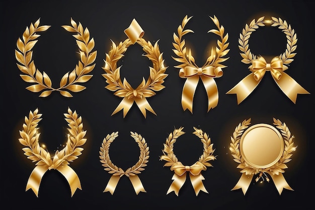 Foto conjunto de fitas douradas coroas de louro de diferentes formas para os vencedores pódio de ouro vetor
