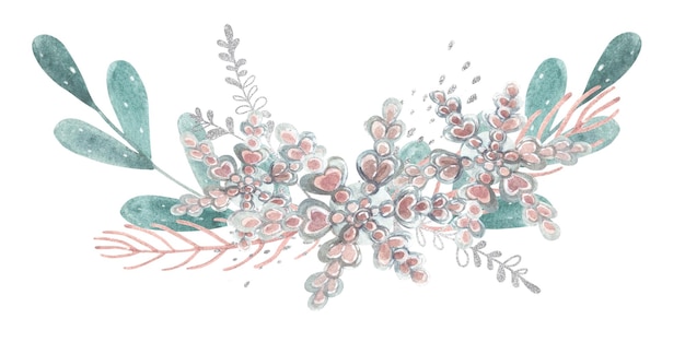 Conjunto de flocos de neve de ramos de hortelã e elementos de prata Ilustração em aquarela Isolar