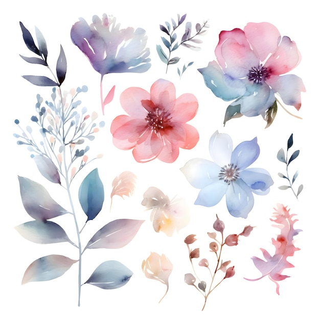 Foto conjunto de flores aquarela ilustração pintada à mão isolada em fundo branco