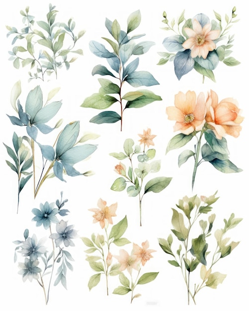 Conjunto de flores aquareladas Ilustração desenhada à mão