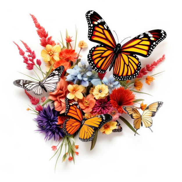 Conjunto de flores com algumas borboletas monarcas voando ao seu redor