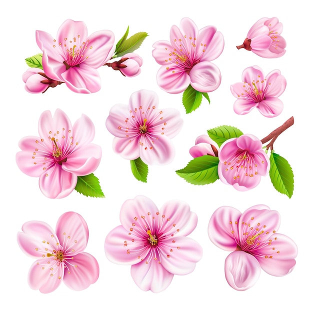 Foto conjunto de flores de cerejeira rosa isoladas em branco