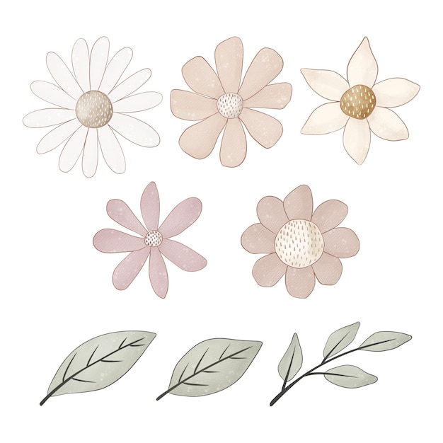Conjunto de flores de desenho animado Ilustração colorida Desenho a mão para impressão de cartões de saudação