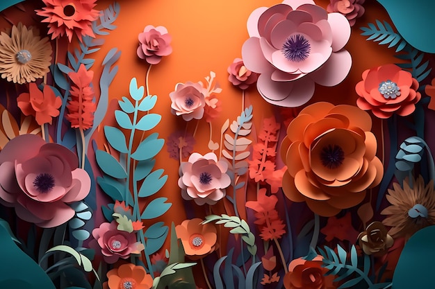 Conjunto de flores de papel Fundo de verão ou primavera AI Generative