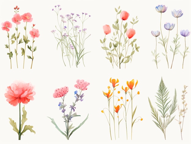 Conjunto de flores de prado desenhadas à mão em aquarela Ilustração em vetor