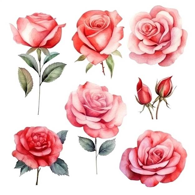 Foto conjunto de flores de rosas em aquarela sobre fundo branco