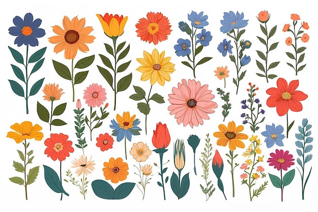 Conjunto de flores desenhadas estilo de desenho várias flores coloridas para desenho têxtil