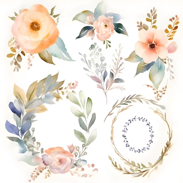 Conjunto de flores em aquarela Ilustração pintada à mão isolada no fundo branco