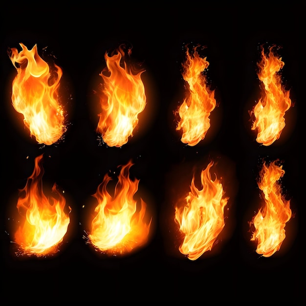 Conjunto de fogos ardentes de chamas e faíscas em fundo transparente Para uso em fundos claros