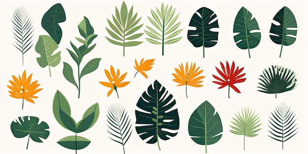 Conjunto de folhas de plantas em estilo aquarela Plantas da selva Folhas brilhantes e suculentas