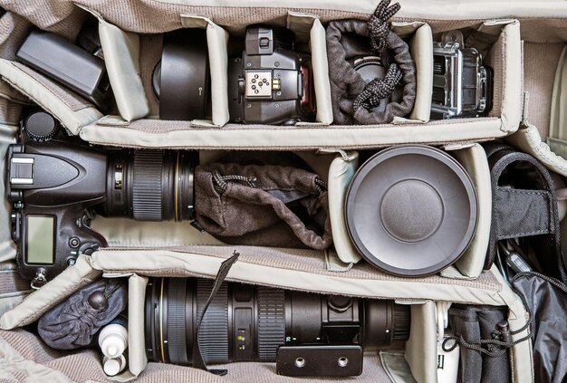 Foto conjunto de fotografia de mochila