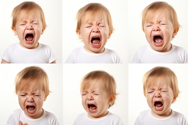 conjunto de fotos de uma foto em close-up de um bonito menino chorando e gritando