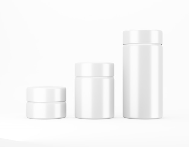 Foto conjunto de frasco branco brilhante. comida de embalagem modelo, cosméticos. renderização em 3d