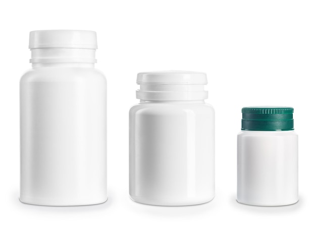 conjunto de frascos médicos brancos em branco, isolados no fundo branco