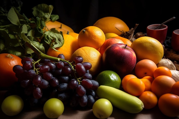 Conjunto de frutas e legumes frescos brilhantes sobre a mesa Comida de fundo fotografia de publicidade de luz suave fotografia comercial generativa AI