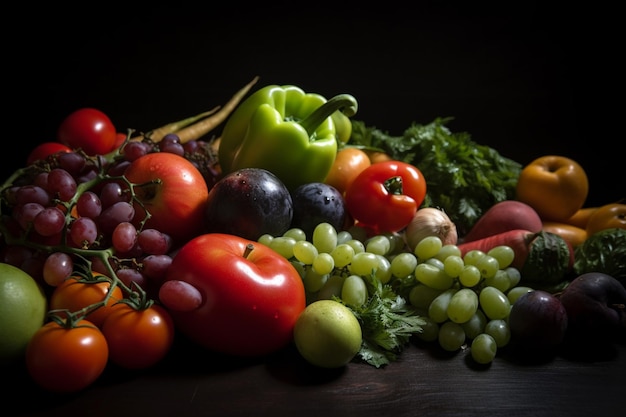 Conjunto de frutas e legumes frescos brilhantes sobre a mesa Comida de fundo fotografia de publicidade de luz suave fotografia comercial generativa AI