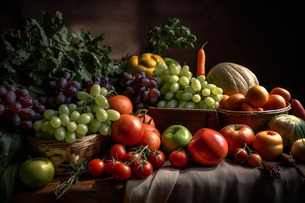 Conjunto de frutas e legumes frescos brilhantes sobre a mesa Comida de fundo fotografia de publicidade de luz suave fotografia comercial generativa AI