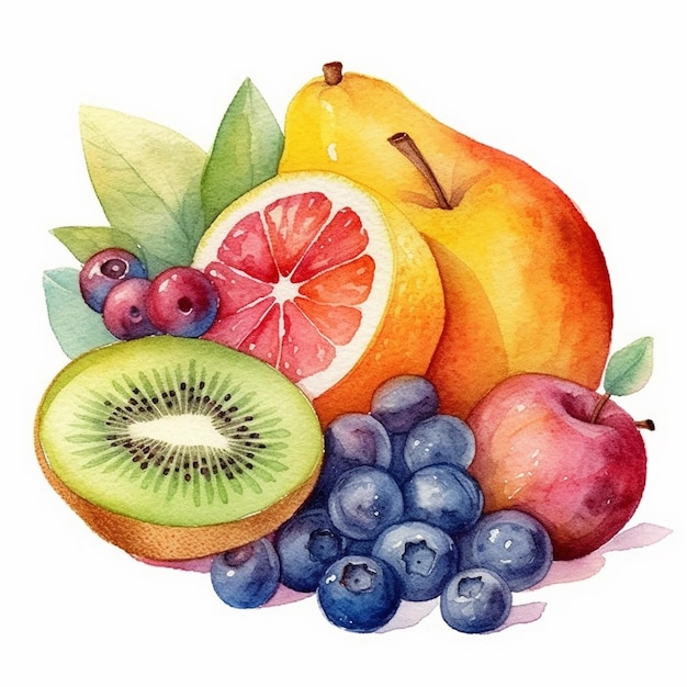 Foto conjunto de frutas em ilustração vetorial estilo aquarela mirtilos laranja applepear