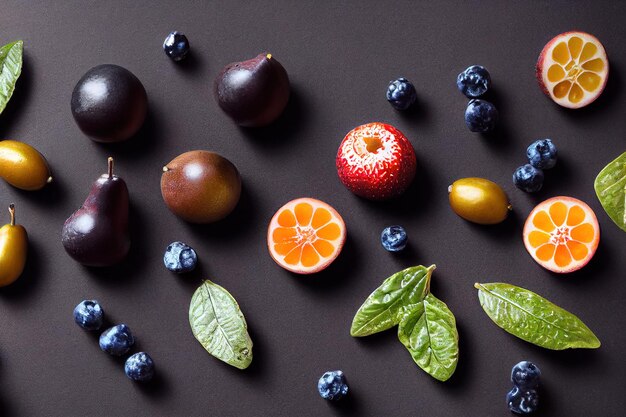 Conjunto de frutas em um fundo escuro