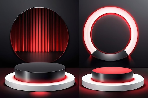 Conjunto de fundo 3D realista com pódio de cilindro preto vermelho branco brilhante luz semicírculos laye