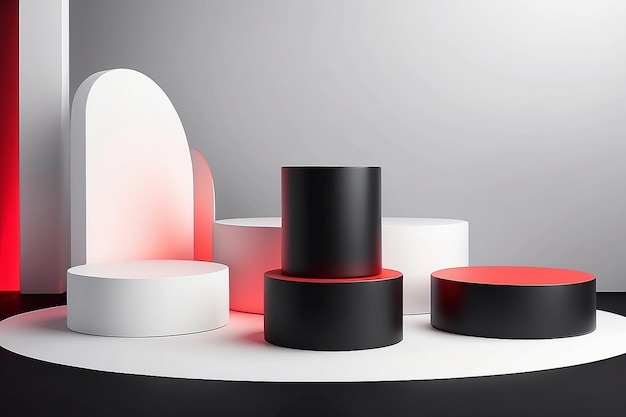 Conjunto de fundo 3D realista com pódio de cilindro preto vermelho branco brilhante luz semicírculos laye