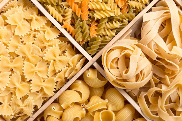 Conjunto de fundo de massa italiana com fusilli, tagliatelle, rigate de cachimbo e farfalle