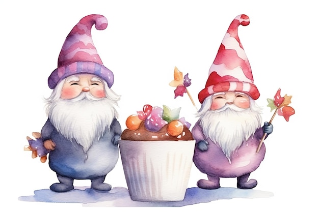 Conjunto de gnomos de Natal em copos e doces de Natal pintados em aquarela em um fundo branco isolado