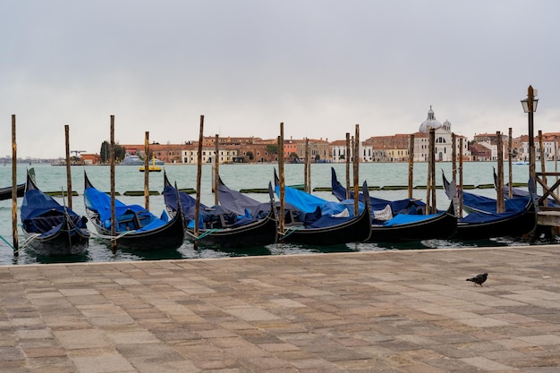 Conjunto de gôndolas no cais veneziano