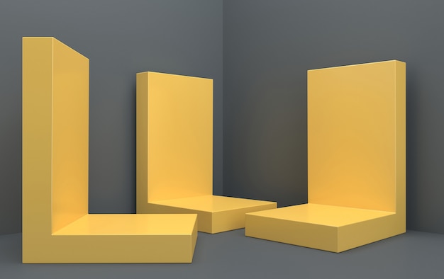 Conjunto de grupos de formas geométricas abstratas, fundo cinza do estúdio, pedestal retângulo amarelo, renderização 3D, cena com formas geométricas, cena minimalista da moda, design simples e limpo