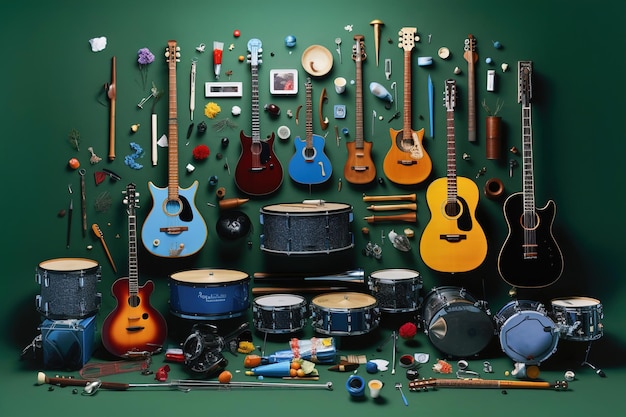 Conjunto de guitarras e outros instrumentos musicais Com fundo verde plano